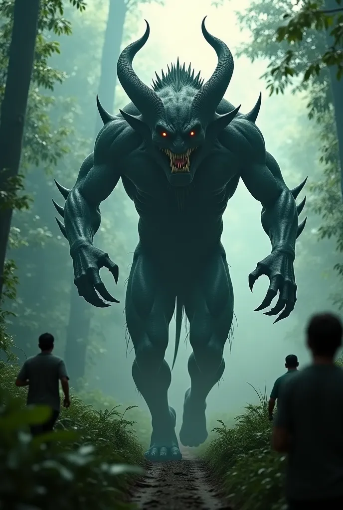 A Big demon carrying the    and running toward the jungle . Villagers  seeing the demon in scar. the scenes is dramatic, cinematic, thriller and suspensefull . Image should be hyper realistic HD. Create a image where demon is running by carrying a  