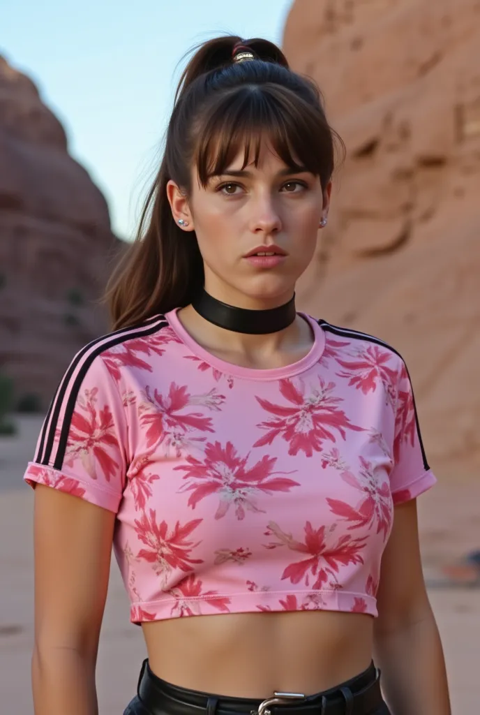 A highly detailed full bodyshot of a woman around 30 years old, with ponytail hair with bangs. She is wearing a cropped pink floral adidas t-shirt with black stripes along the sboulders, a wide black leather choker, and black leather skirt. She has somkey ...