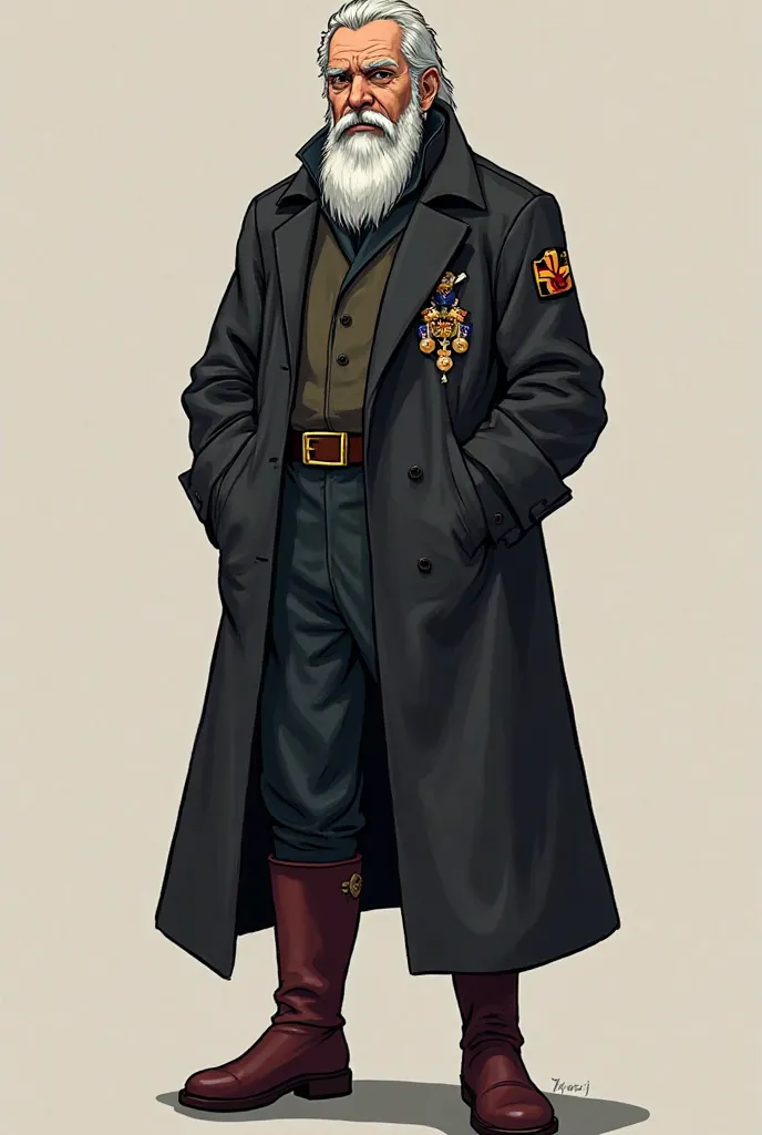 Create a character from my literary work. His name is Mundtama, And he's the commander of the nation's army. It is high, wide-bounded . He is about 60 or 70 years old, and his hair is gray and white. He has a bushy beard the same color as his hair. He wear...