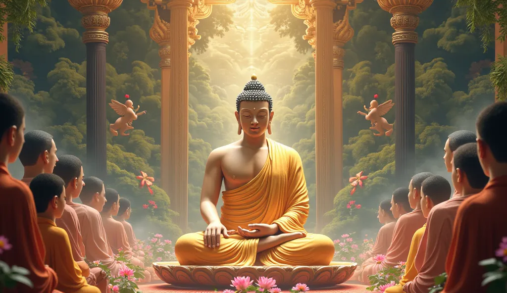 Draw a picture of Buddha Maitreya sitting and preaching. Create many different scenes. Add new scenes