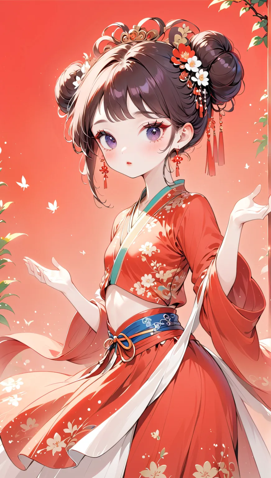 a cute girl， scarlet gradient background, Red blush,  Black Brown Eyes , Big red Hanfu, violet exaggerated eye makeup,  Golden glitter on the face，Super white skin, Digital illustration style, Fluorescent red color,  soft shadows ,  simple line art ,   Min...