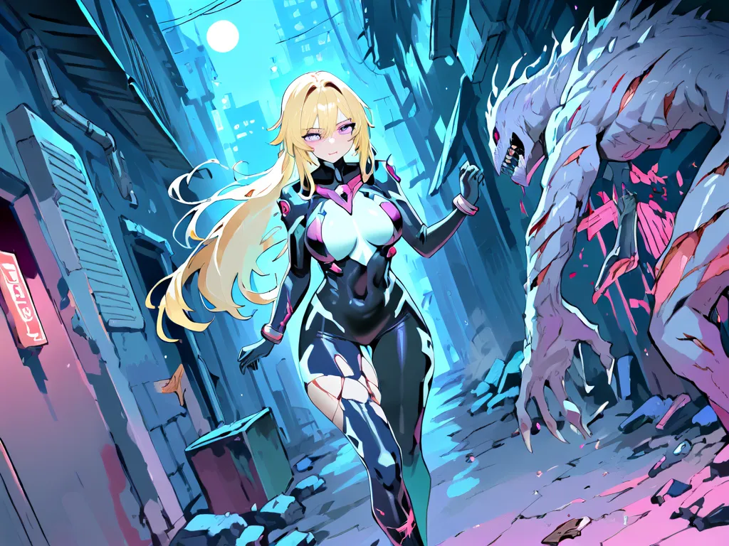 In a deserted alleyway, a lone woman was attacked by a monster. She is small and slender. Her clothing is a tattered bodysuit. She was brutally assaulted, her body bearing wounds and bruises. Her leg was broken by the monster, and she is suffering.