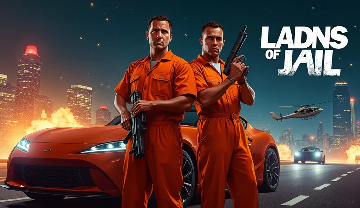 Key visual:
Main character : Show two prisoners in orange jumpsuits (Like a prisoner partner) Expression Intense . A person holding a gun, Another person holding a steering wheel or leaning against a sports car.
Car chase themes: Include a fast sports car...