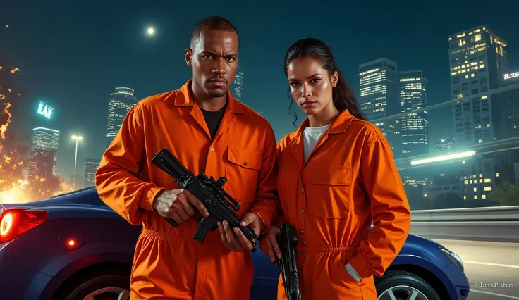 Key visual:
Main character : Show two prisoners in orange jumpsuits (Like a prisoner partner) Expression Intense . A person holding a gun, Another person holding a steering wheel or leaning against a sports car.
Car chase themes: Include a fast sports car...