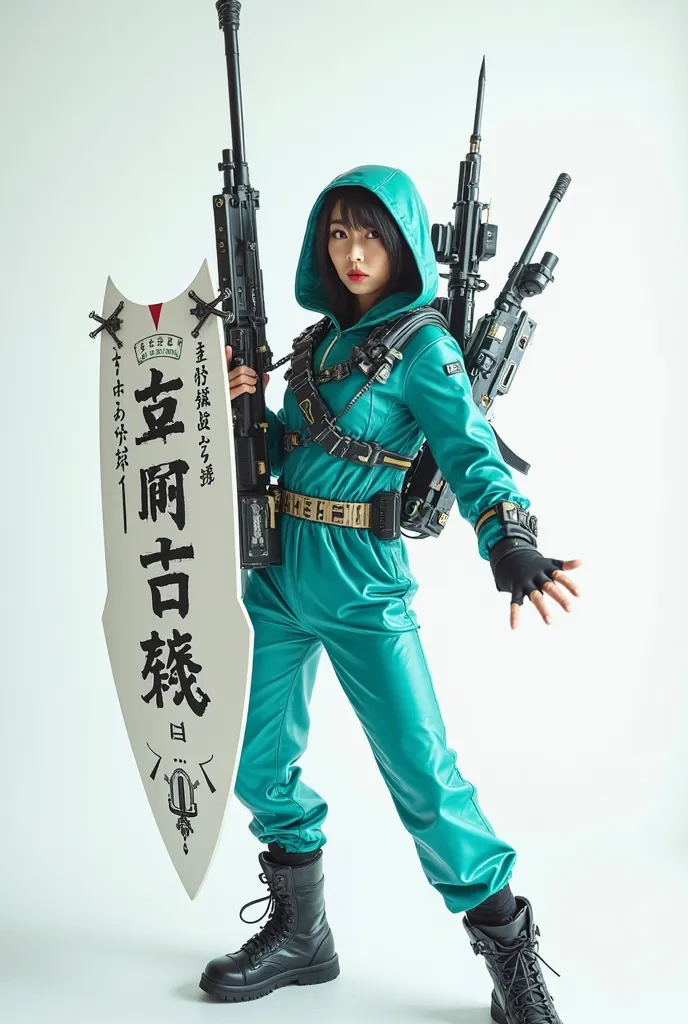 Full-body view, lower-down angle fisheye effect. A tough Korean woman, dressed in a turquoise latex suit with black accents. with thick white plate protective shield Mecha armor wire rod mecha-like shaped pattern -anchor coating plate, Kanji writing accent...