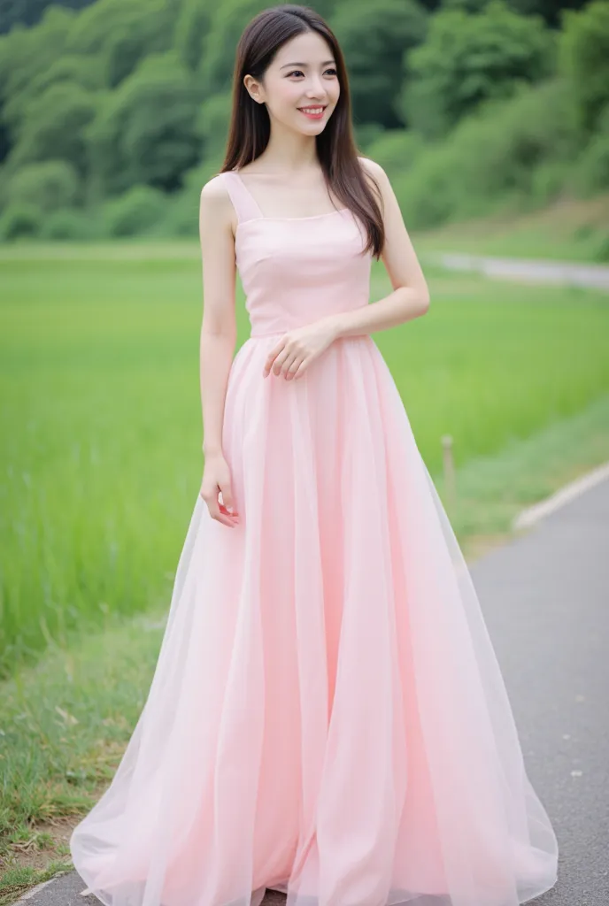 a young woman wearing a long light pink dress. The dress is sleeveless and has a dramatic design with a flared bottom. The woman has long light brown hair neatly tucked in.  he smiles towards the camera . The background appears to be a rural area with gree...