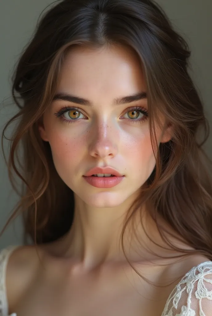 Create a young woman with an elegant and ethereal appearance. She has white and soft skin with a faint blush on her cheeks. His eyes are big, honey-brown, with long eyelashes that accentuate her deep look. Her lips are small and of a natural reddish tone, ...