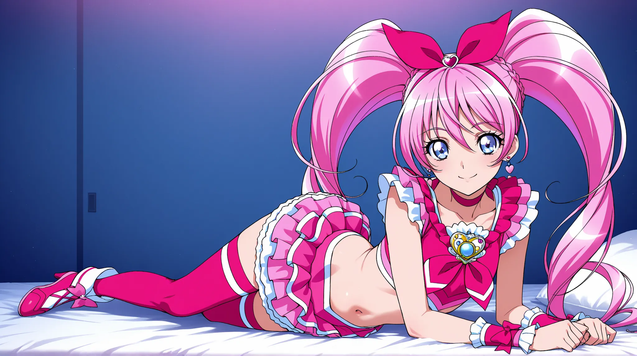 Cure Melody, full body、smile、looks at the camera、 pose、belly button, pink hair ribbon:1.2, pink hair band,Twin Tails,cute room、on the bed、masterpiece、top quality、uncorrected、