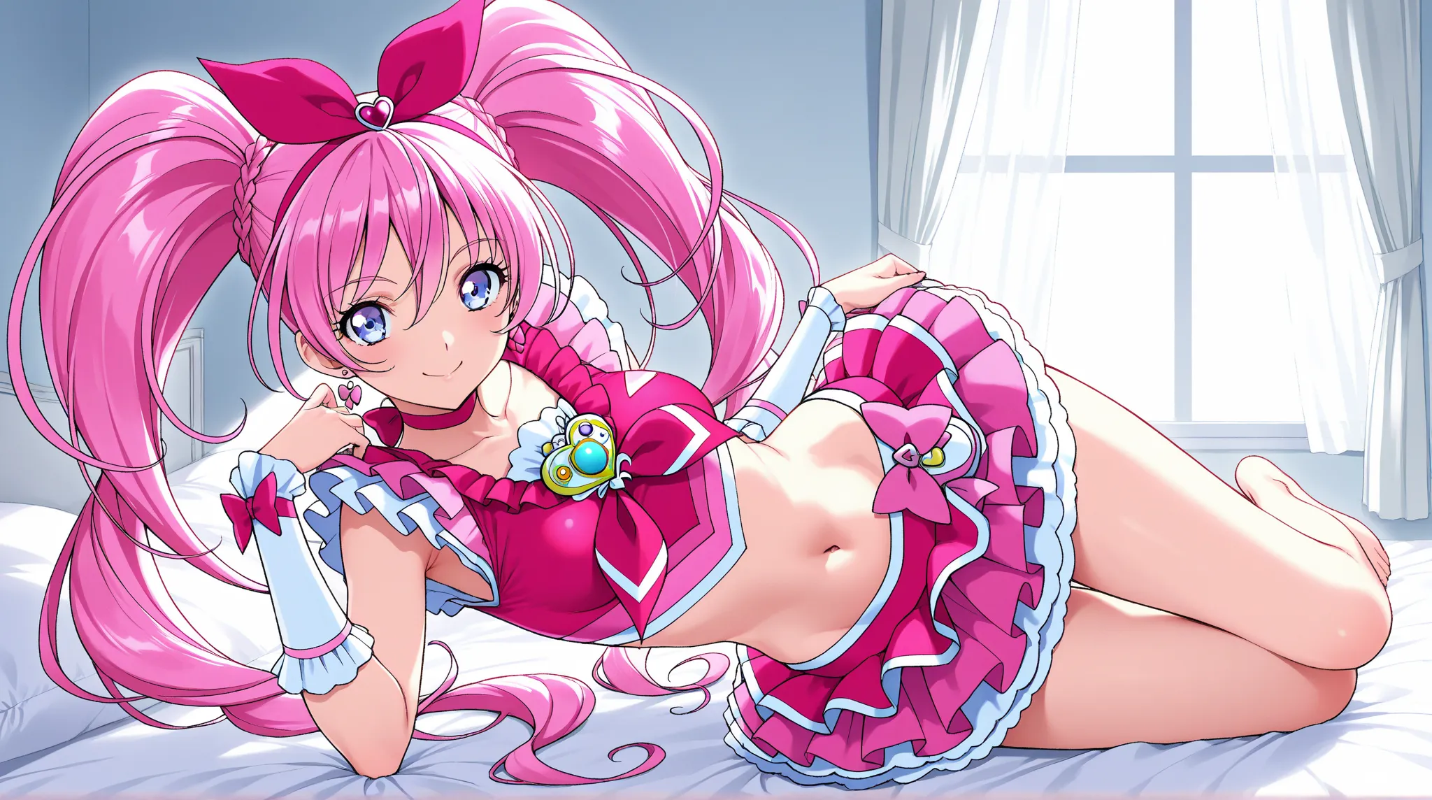 Cure Melody, full body、smile、looks at the camera、 pose、belly button, pink hair ribbon:1.2, pink hair band,Twin Tails,cute room、on the bed、masterpiece、top quality、uncorrected、