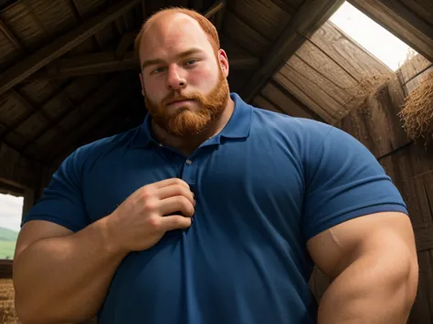 20yo., 40ft. tall and strong man, big muscular chest, thick beard, wearing royal-blue polo shirt broken and dirty, balding. Working on a farm. 