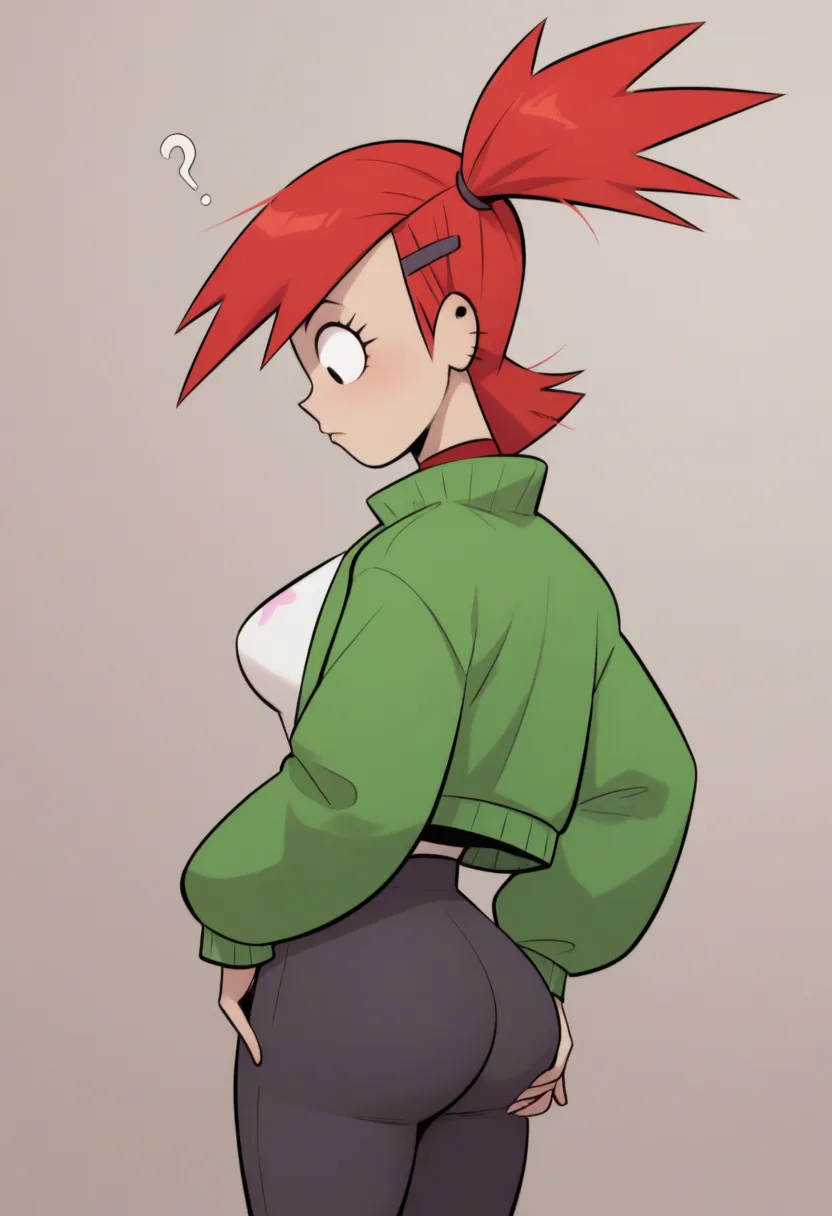 high quality,FrankieFoster,solo,red hair,green jacket, white shirt, black short, thick thighs and slim waist, Fat Ass,big breasts,(question mark next to head),hands hold butt,