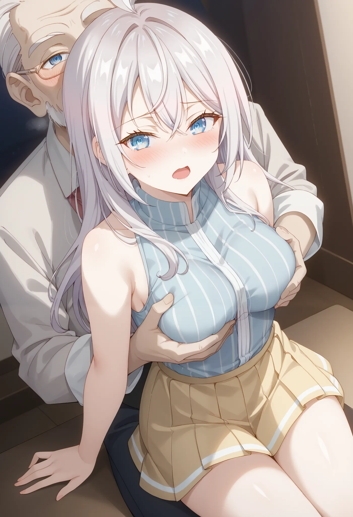 (((Alisa Mikhailovna Kujou (Alya Sometimes Hides Her Feelings in Russian) )))、((( having an affair with an old man)))、(((Breast massage from behind)))、night、((angle from above)),((blush))、( ashamed)、Breathing、((medium breasts))、 Silver Hair、long hair、 ligh...