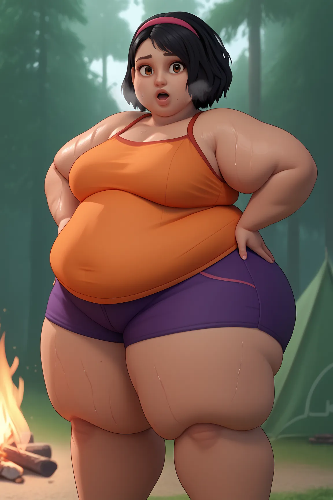 1girl, solo, SammyGutierrez, black hair, short hair, pink hairband, brown eyes, dark-skinned female, orange crop top, purple shorts, cowboy shot, day, outdoors, campfire, tent,  forest, looking at viewer, open mouth, sweaty, out of breath, hands on hips, o...