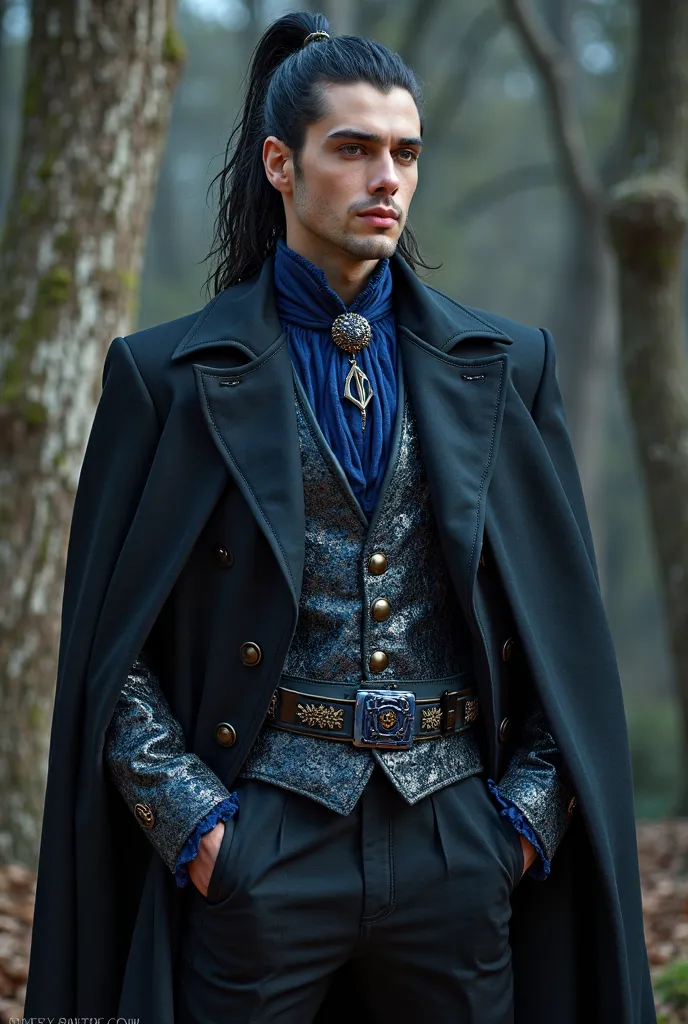 Full body shot, full frontal face forward, at a fantasy fae ball. Based on an angelic European human prince, create an early twenties fantasy prince with long black hair in a ponytail and bright ocean blue eyes, handsome, and wearing black, blue, and silve...