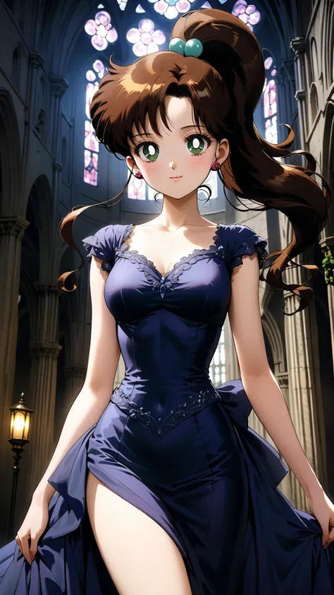 masterpiece, best quality, very aesthetic, ultra detailed), intricate details, solo, aajupiter, brown hair, ponytail, hair bobbles, red earrings, green eyes, purple evening dress, Enchanting Eyes, focus drawn to eyes, highly detailed eyes, posing, cowboy s...