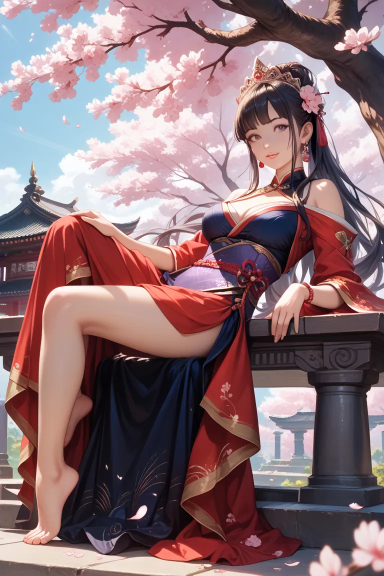 ((Highest quality)), ((masterpiece)), (detailed), "A stunningly beautiful image of a cherry tree fairy. A beautiful Japanese woman in her 30s, with black, long hair that shines beautifully under the sunlight and moonlight. Wearing a tiara inspired by cherr...