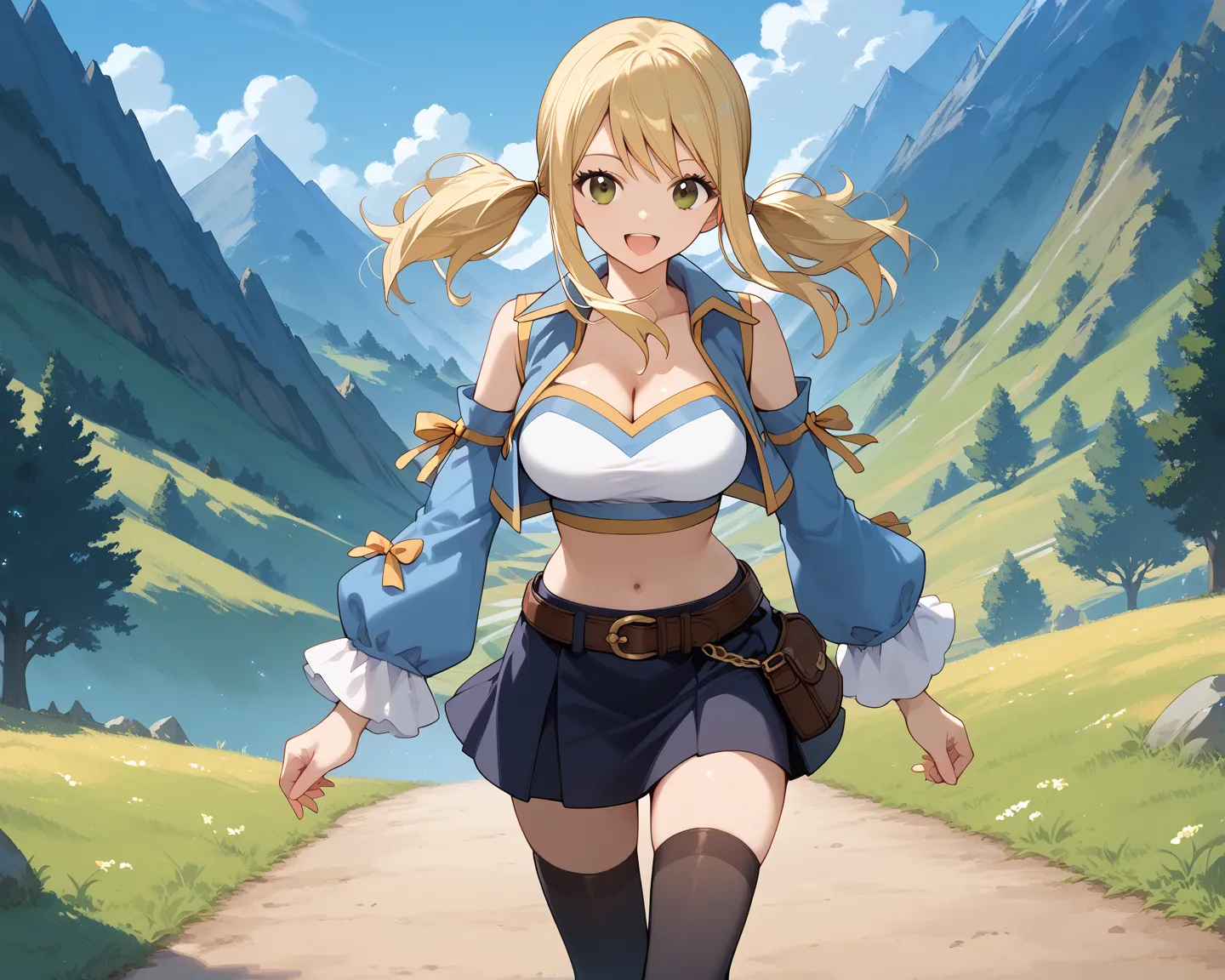 score_9, score_8_up, score_7_up, score_6_up, source_anime, anime, masterpiece, best quality, nsfw, 1girl, solo, lucy heartfilia, blonde hair, brown eyes, twintails, low twintails, long hair, sidelocks, navel, cleavage, detached sleeves, midriff, crop top, ...