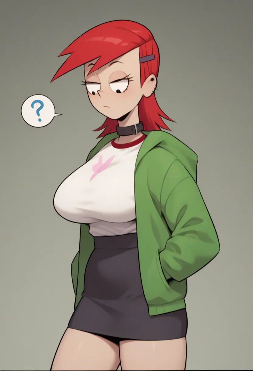 high quality,FrankieFoster,solo,red hair,green jacket, white shirt, black short, thick thighs and slim waist, Fat Ass,breasts,bursting breasts,(question mark next to head), (her hands tug at the collar of shirt )