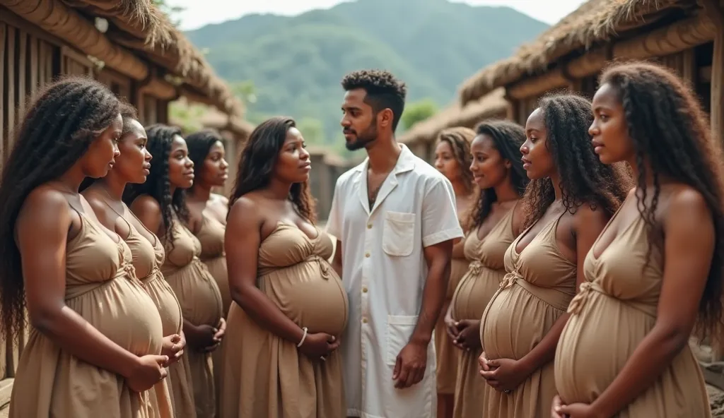 A group of twelve pregnant women and one young doctor is gathered in a rustic village setting. The women, portrayed with diverse features, wearing simple khaki-colored dress tops tied under their breasts and matching skirts, stand in a semi-circle around t...