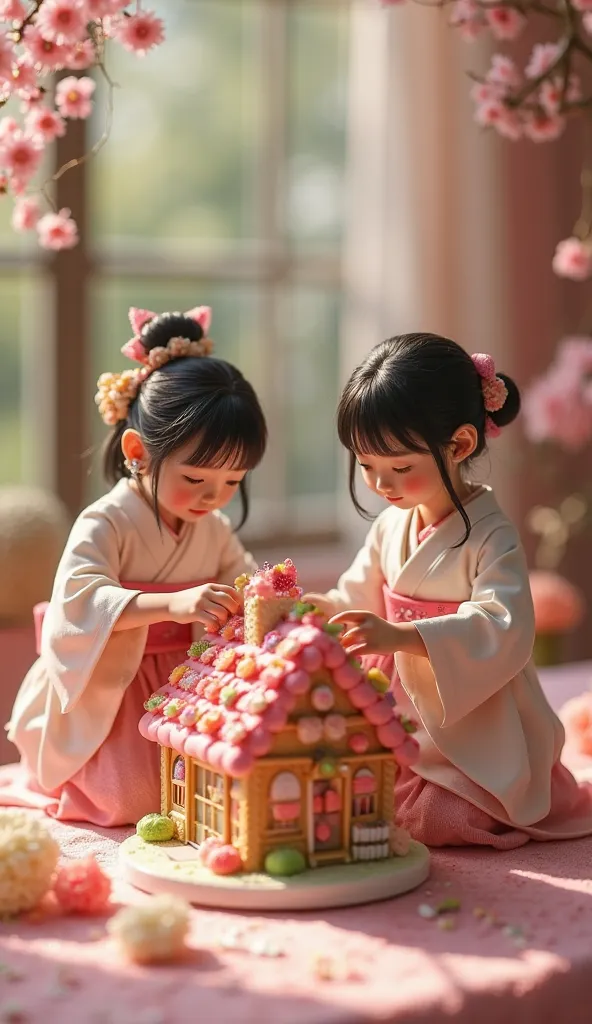 Two tiny little Japanese women constructing a candy house, High Resolution,