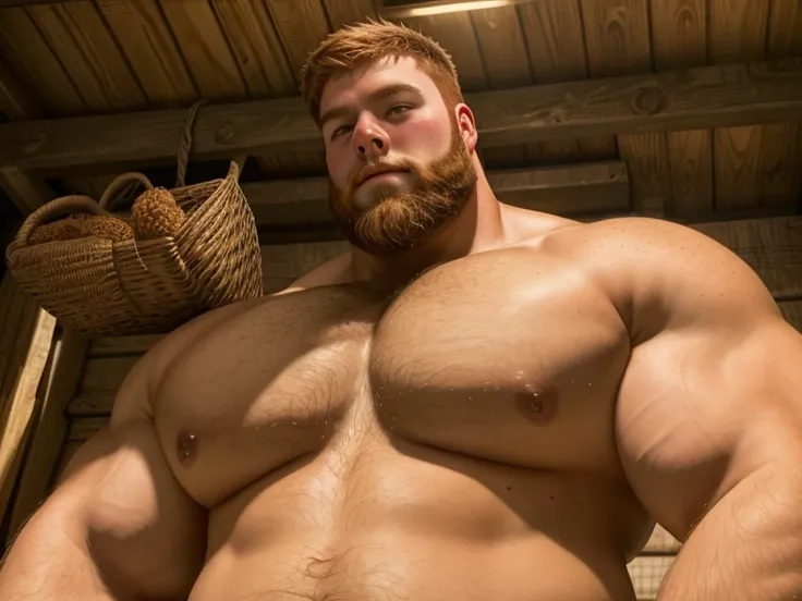 20yo., 40ft. tall and strong man, big muscular chest, thick beard, balding. Working on a farm. Nude.