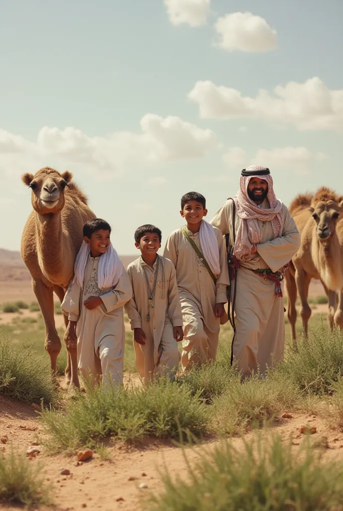 A once dry and barren land now flourishes with patches of green grass. Camels stand nearby, their udders full of milk. A Bedouin family, including ren and elders, smile joyfully as they witness the newfound blessings around them.