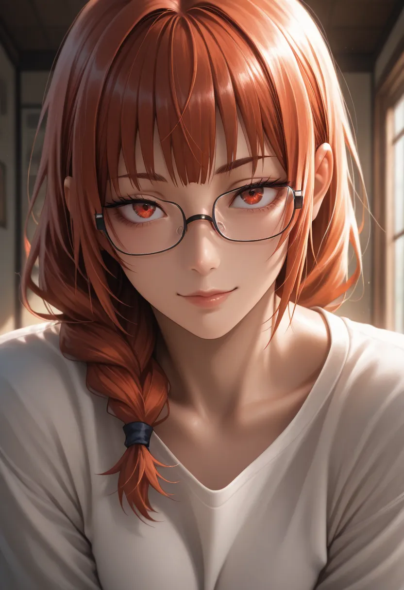 masterpiece, best quality, vibrant, very aesthetic, high contrast, photorealistic portrait,beautiful detailed face,detailed texture,detailed skin, newest, 1girl,Jujutsu Kaisen,source_Jujutsu Kaisen,Maki Zenin,glasses,shirt,room