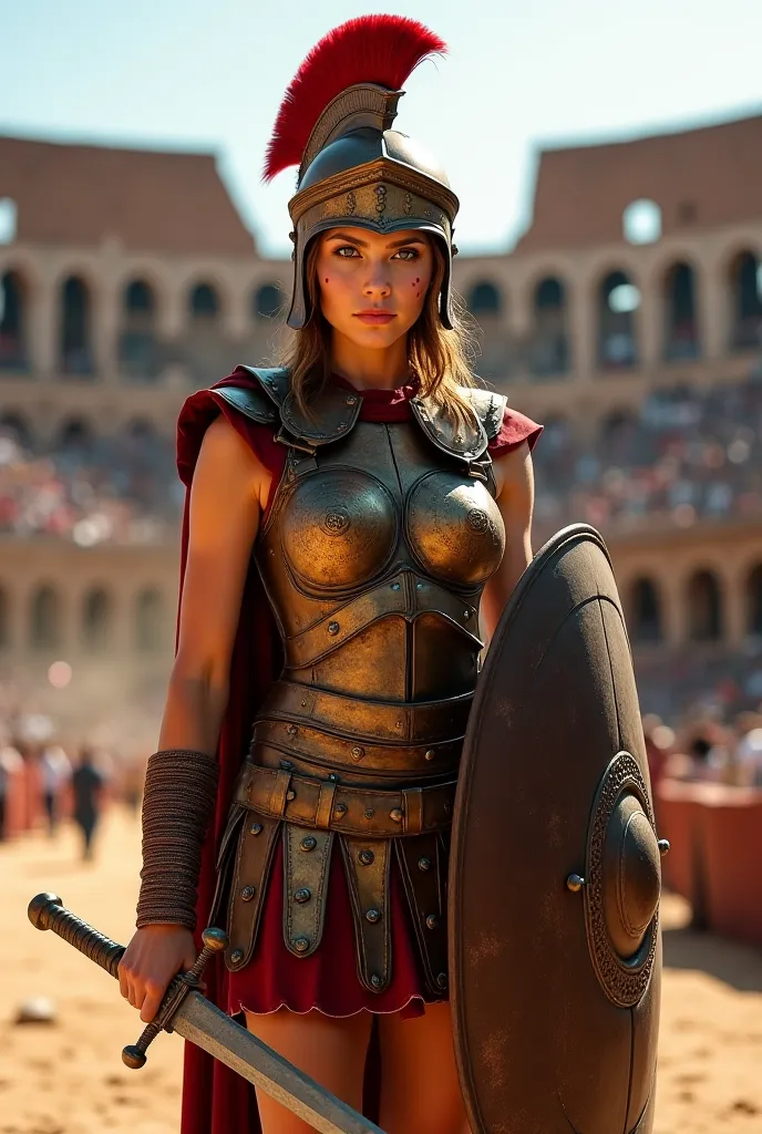 "A young woman dressed as a Roman gladiator, standing confidently in an ancient Colosseum. She wears intricately designed armor, including a bronze chest plate with engraved patterns, leather straps on her arms, and a short battle skirt with metallic reinf...