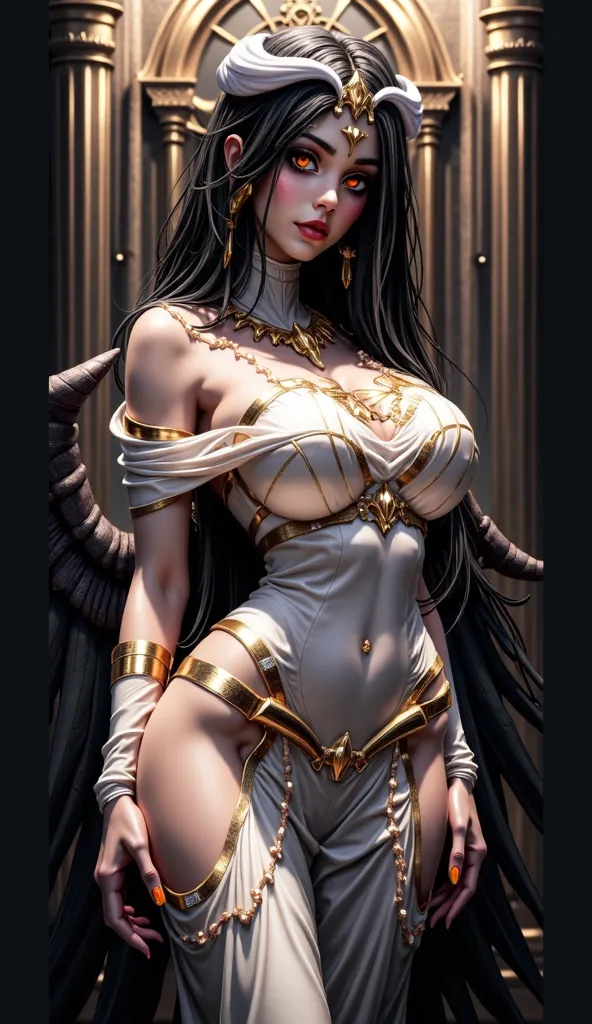 A (super realistic) beautiful sexy woman(albedo _overlord) with (glossy orange  eyes(perfect detailing) and white attire(detailed) with gold jewellery on perfect big breast, beautiful breast, black long beautiful hair, hyper detailed black  wings , (full b...