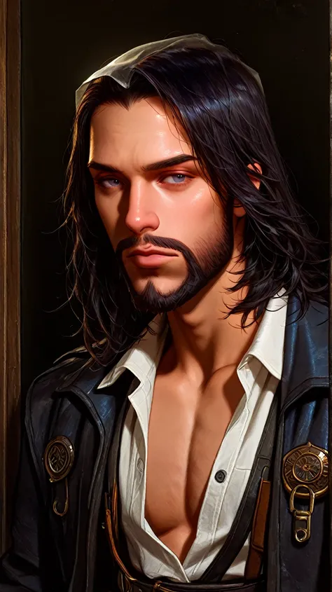  semi-realistic oil style, detailed, HQ, High definition, Male focus,  tall and solidly built. He wears a miner's jacket with his name tag open, revealing a dirtied and bloodstained previously-white shirt. His medium-length, wispy, disheveled black hair si...