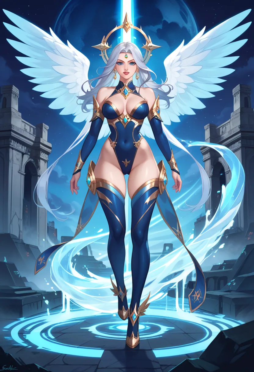 A futuristic mythical goddess, standing in a neon cyber-temple, her glowing silver hair flowing like cosmic waves. She wears a sleek cybernetic battle suit adorned with intricate golden patterns and radiant blue circuits. Her crystal wings shift between di...