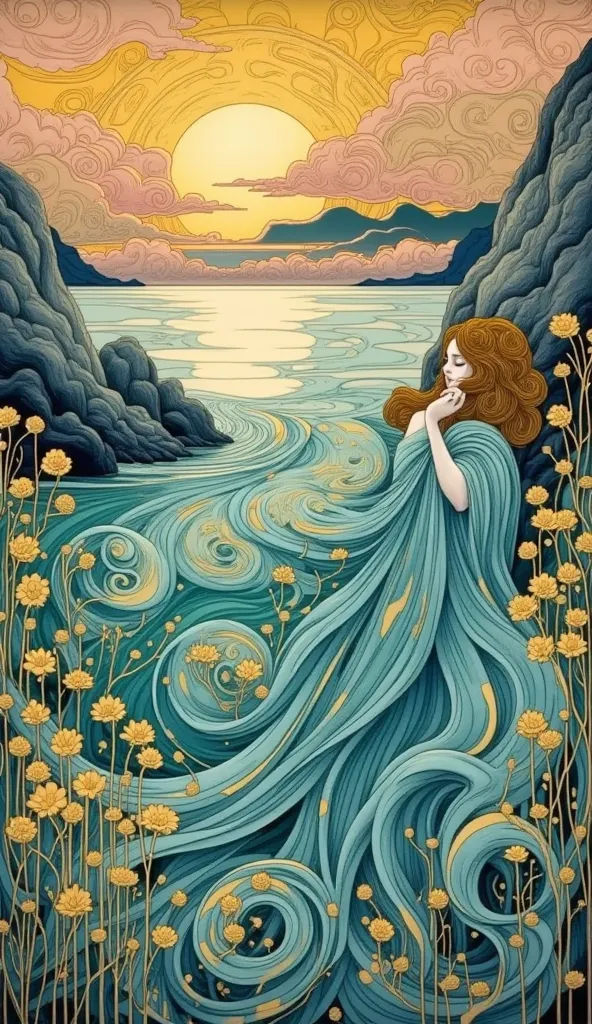 Stylized image in Art Nouveau style, a beautiful young woman in a graceful, pretentious pose against the background - an extraordinarily beautiful sunset over the sea, in shades of blue, golden sun, pink clouds, gray rocks, bizarre plants on the shore, a b...