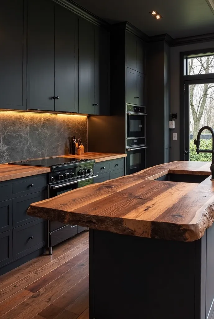 A dark kitchen with a beautiful wood countertop, in a modern style. Black wall cabinets and a large, sweeping countertop made from an exotic walnut log. The dark wooden floor complements the black sink and fixtures. --ar 97:128