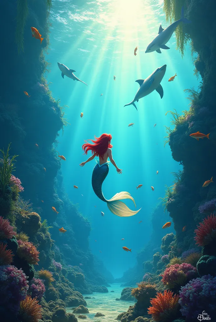 Disney princess Ariel is under the sea with lots of fish, dolphins and sharks in the background.