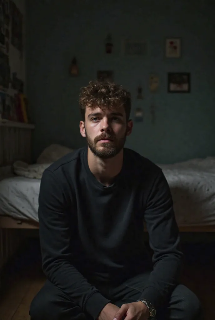 A young man is sitting on the floor of his room, his bed and other objects in the room can be seen behind him, the room is dark, so his face is somewhat clear even though what is behind him is not clearly visible.  He is a man with a short beard, who is mo...