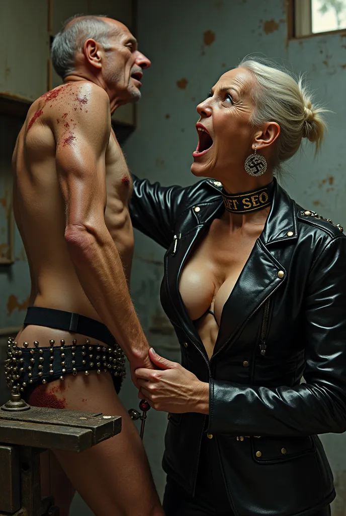 An old screaming man. His arm is stuck in a vise, clamped,stuck. He is only in leather underwear with studs and thorns. There is a Nazi lady next to it. She has a screwdriver in her hand and uses it to stab the man in the bloody underwear. The lady is dres...