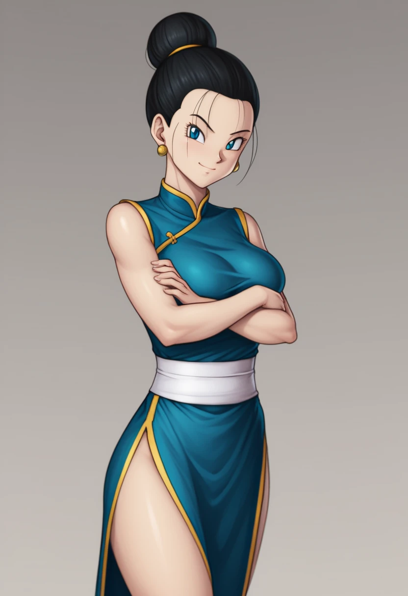 solo, dress, crossed_arms, chi-chi_(dragon_ball), chinese_clothes, black_hair, breasts, blue_dress, pink_background, china_dress, earrings, jewelry, smile, simple_background, sleeveless, hair_bun, looking_at_viewer, black_eyes, thighs, side_slit, bangs, sh...