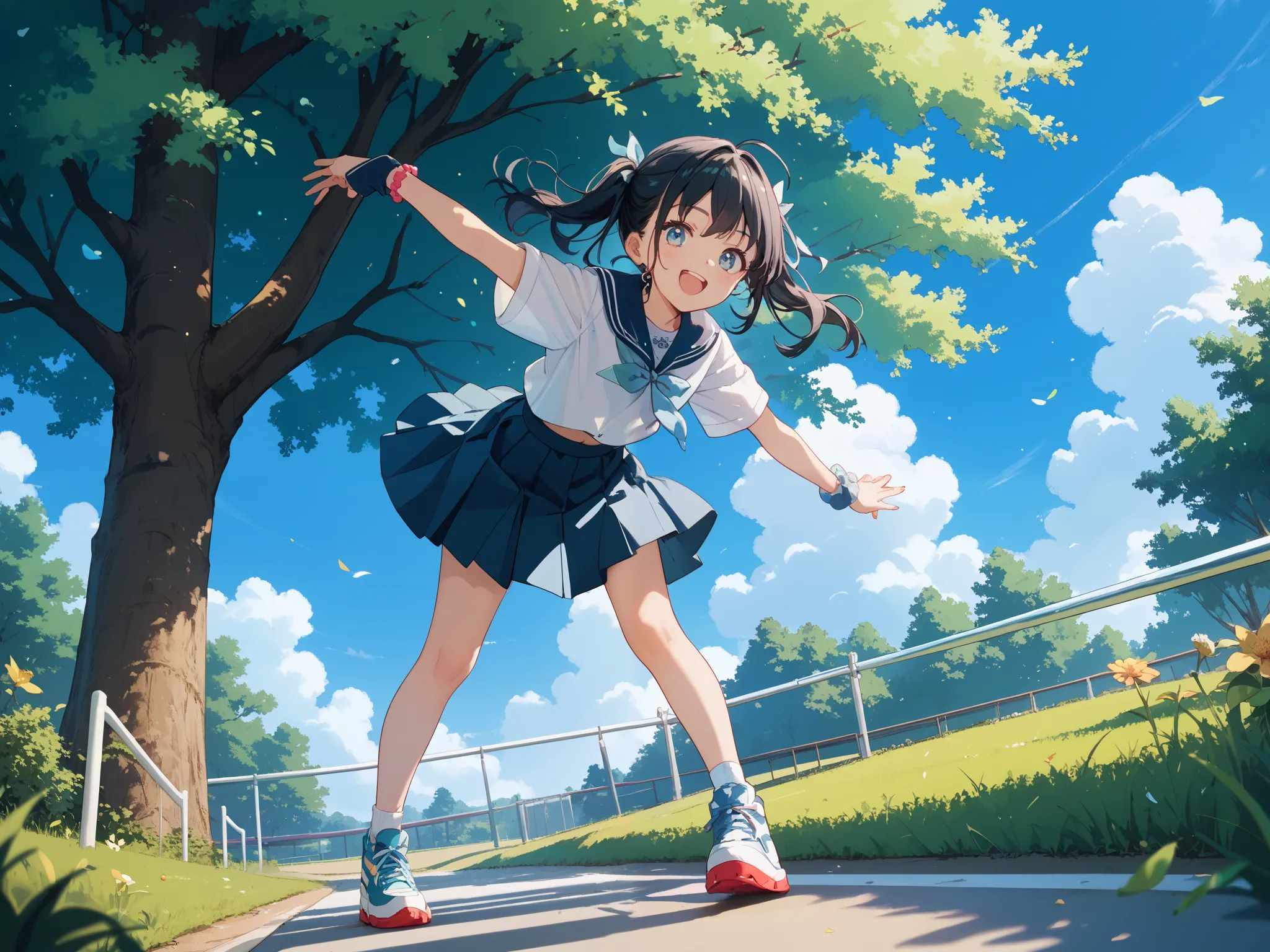 "An anime-style illustration of a playful Japanese girl in her hood 
performing a gymnastic move on a horizontal bar in a sunny park. Her long, 
wavy black hair moves with her energetic action, and her skirt flutters 
naturally as she spins around. The sce...