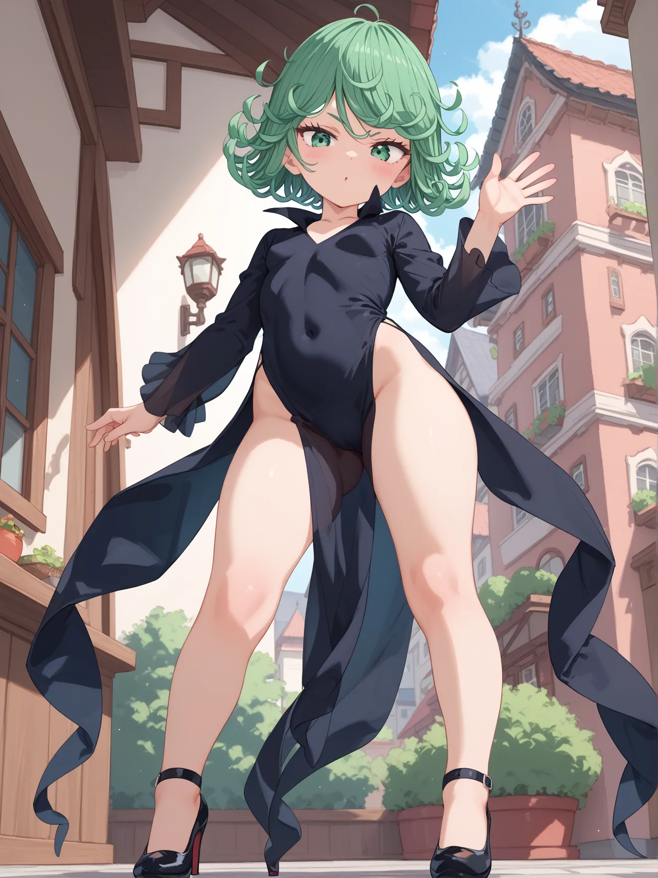 1girl, solo, green eyes, curly hair, green hair, bangs, blush, hair tossed, short hair, small breasts, thighs, long sleeves, dress, pelvic curtain, black dress, covered navel, (transparent, transparency degree 60%) detailed face、small breasts、revealing bod...