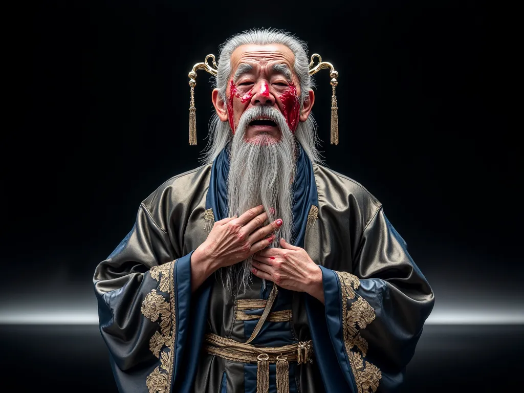 Old Man's Vintage Chinese Dress, face up, Shocked expression, , one person in the picture, face, White mustache, A long white beard, serious injuries, . Red water running down the corner of the mouth, Hands on the chest,  Close your eyes, Bend over,  tired...