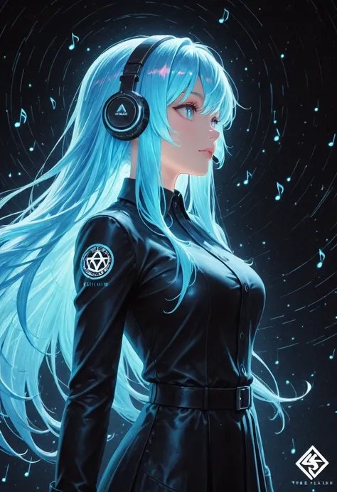 logo HD , the best quality, professional circular logo with electromagnetic waves and musical notes a girl with short blue neon hair, containing blue tones and the words Kadryblue