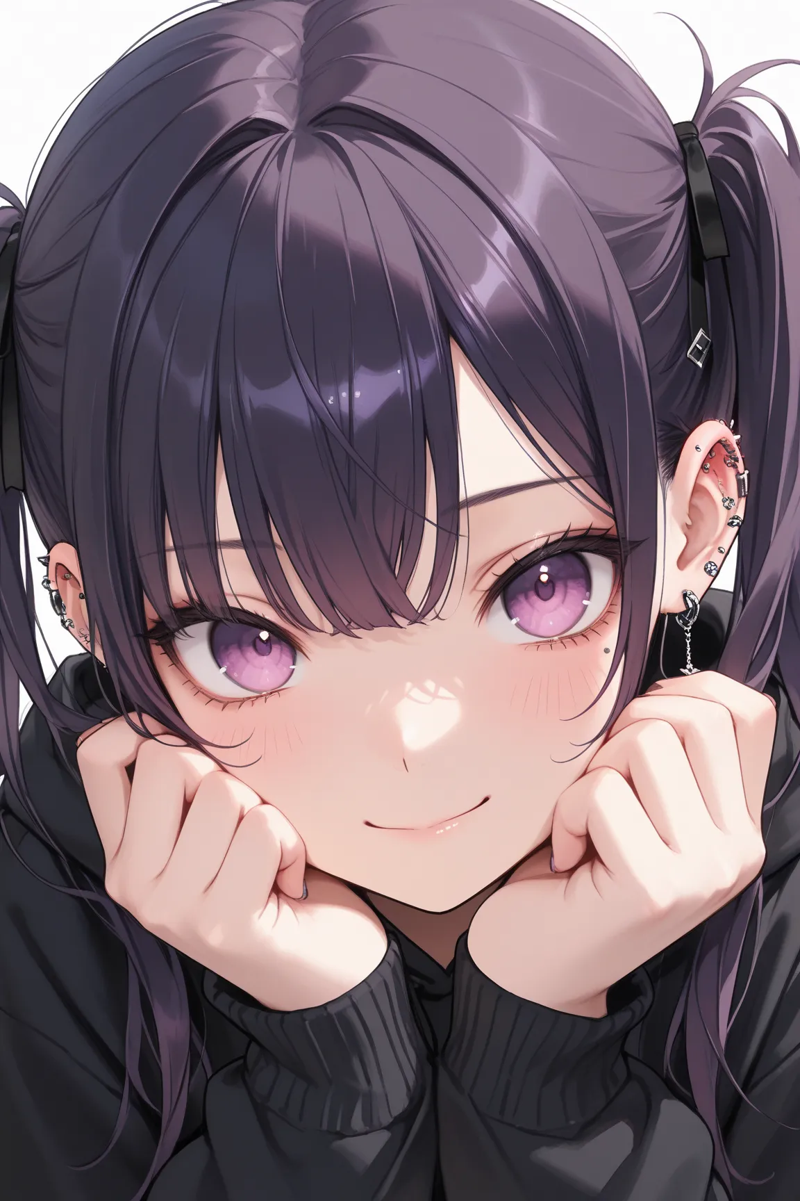   masterpiece, top quality, best image quality,  earrings all over the ear,  lots of piercings, ((one girl)), ((beautiful black hair)), ((dark purple hair on the right)), half twin tails, ((purple eyes)),  beautiful eyes, beautiful eyes, black hoodie, smil...