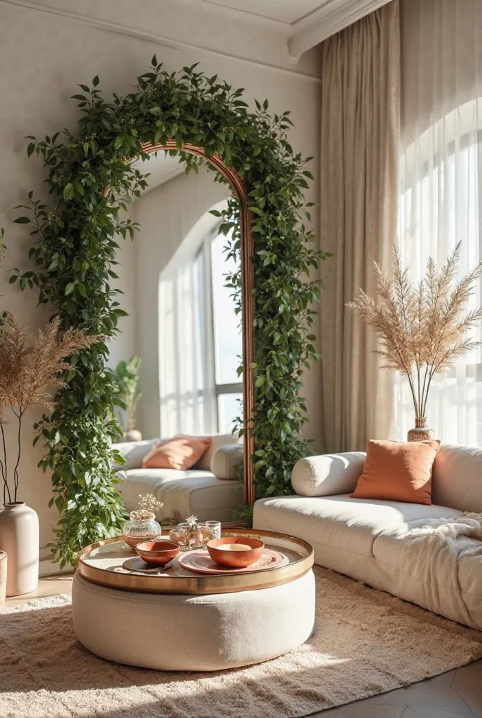 A living room with an artificial large plant height mirror with colorful dinnerware predominating in black and white beige cream furniture 