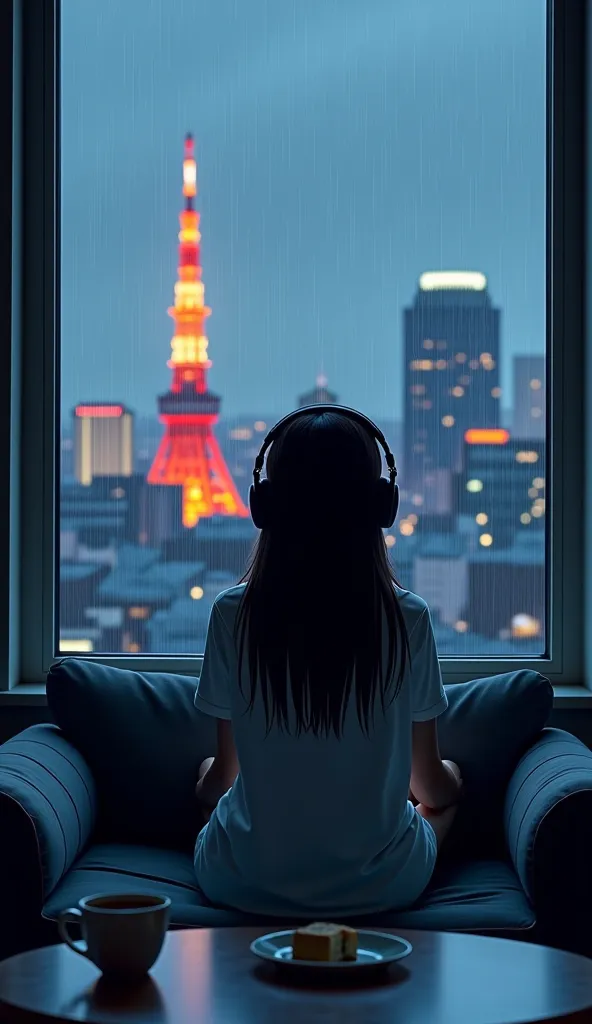   There is a coffee cup on the table in front of the window, Rainy Evening, Rainy Afternoon, Tokyo Tower、Cozy apartment background, Relax on the sofa, In the evening rain, Lo-Fi furniture , Rainy atmosphere, Rainy Day,   realistic city picture , Cozy place...