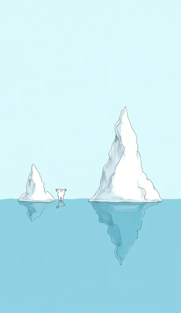 A minimalist modern poster in a 's drawing style, featuring melting icebergs floating in the ocean. The icebergs are drawn with simple, crayon-like strokes in white and light blue. A small polar bear stands on one of the shrinking icebergs, looking concern...