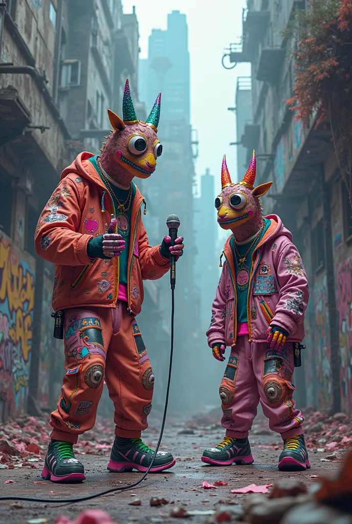  Psychedelic world Puppets Hip-hop clothing With microphone and a ruined city hip hop Graffiti on the street