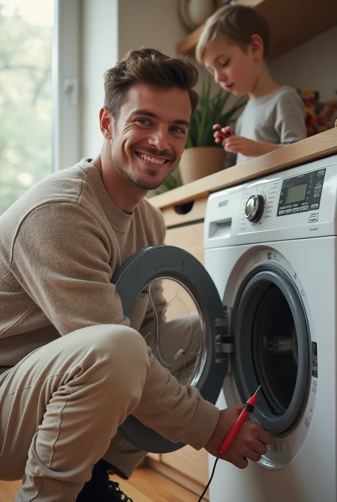 At home, a smiling young master man in a fitted sweater, in beige pants, he squats with a multimeter in his hands and digs into the washing machine with the top cover removed, is a girl in a tight T-shirt and tight jeans a meter away 