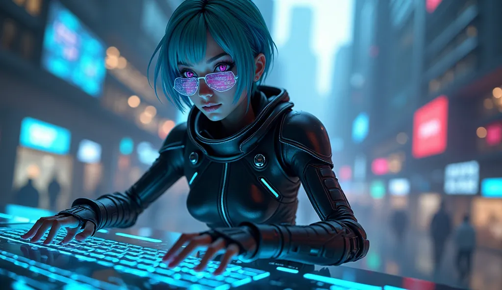 ## *🔹 . Nyx (हैकर और टेक-एक्सपर्ट)*
 *A futuristic female hacker with short neon-blue hair, glowing cybernetic implants on her arms, wearing a sleek, black tactical suit with digital interfaces.*  
. *Nyx typing rapidly on a floating holographic keyboard, ...