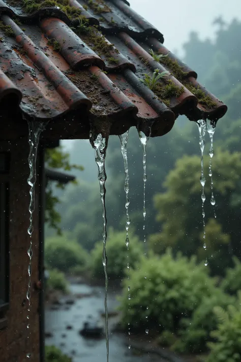 A highly detailed, photorealistic close-up of rainwater streaming off the edge of an old, weathered rooftop with wavy, corrugated tiles. The tiles are aged with moss, dirt, and small green plants sprouting between the grooves, giving the scene a rustic cha...