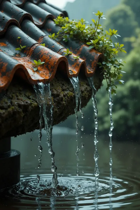 A highly detailed, photorealistic close-up of rainwater streaming off the edge of an old, weathered rooftop with wavy, corrugated tiles. The tiles are aged with moss, dirt, and small green plants sprouting between the grooves, giving the scene a rustic cha...
